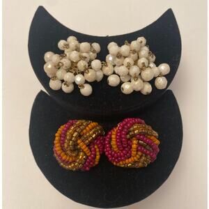 Vintage MADE IN WESTERN GERMANY Clip on Earrings Beaded White Beads Dangle Pairs